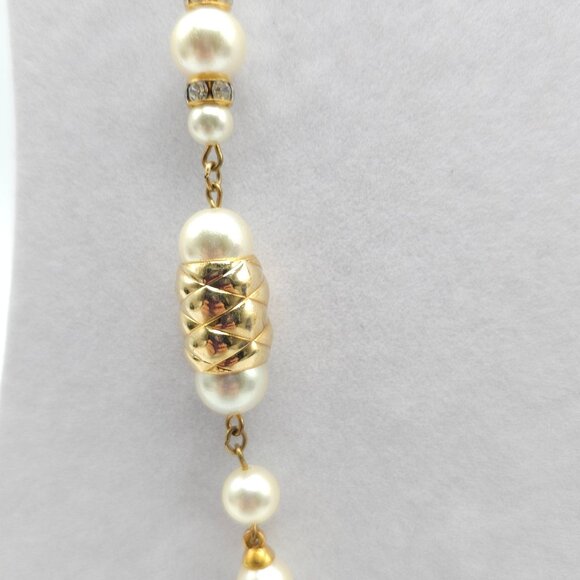 Vintage Faux Pearl Gold Tone Beaded Necklace With Rhinestone Accents No Clasp - Picture 2 of 8
